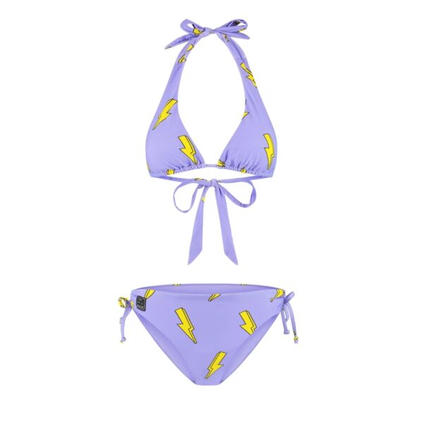 Paarse bikini met gele bliksemschicht print en strikbandjes