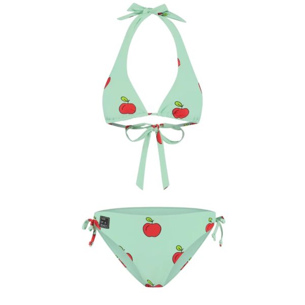 Mintgroene bikini met rode appeltjes print en strikbandjes