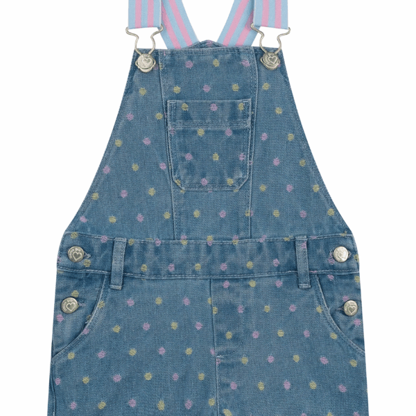 Someone Felice jeans tuinbroek blauw met gekleurde stippen en roze-blauwe bretels