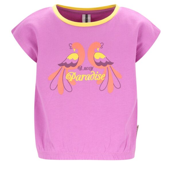 Roze kinder t-shirt met gele kraag en kleurrijke papegaaienprint met tekst Paradise