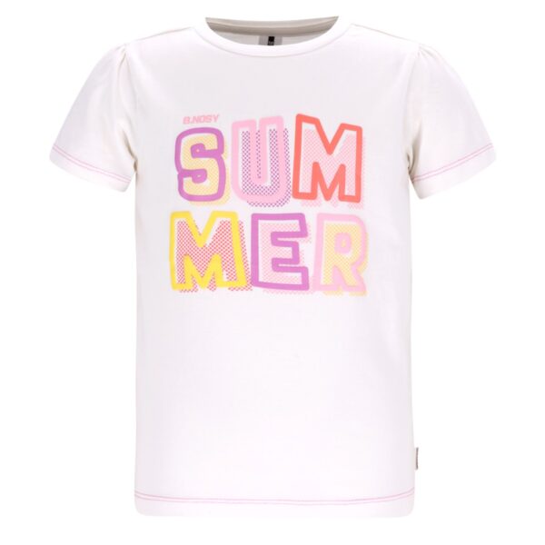 Wit meisjes t-shirt met kleurrijk SUMMER opschrift in roze, geel en oranje tinten