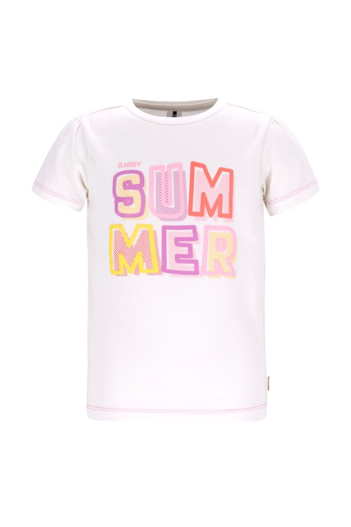 Wit meisjes t-shirt met kleurrijk SUMMER opschrift in roze, geel en oranje tinten