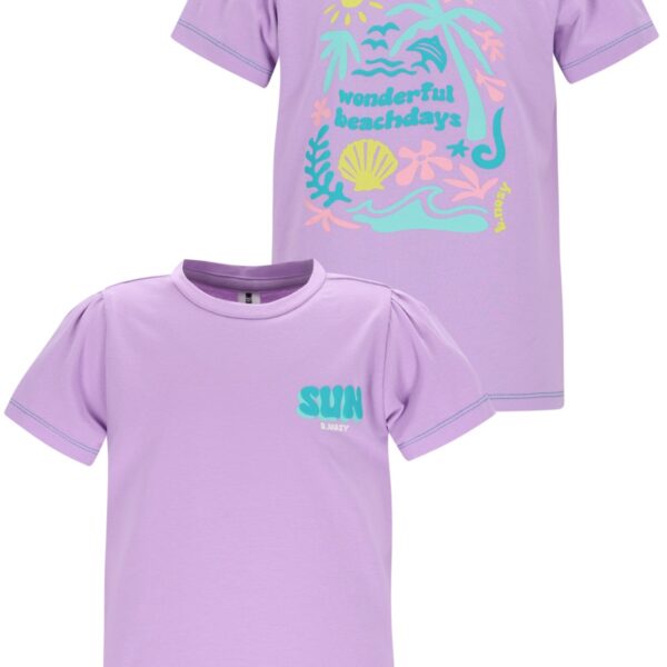 Paars kinder T-shirt met tropische strandbedrukt wonderful beachdays en palmbomen op de achterkant