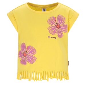 Geel meisjes t-shirt met roze bloemenprint en franjes aan de onderkant van B.nosy
