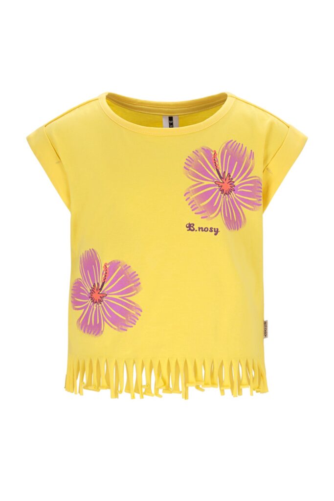 Geel meisjes t-shirt met roze bloemenprint en franjes aan de onderkant van B.nosy