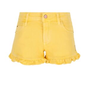 Gele korte broek voor meisjes met ruches aan de pijpzomen en roze knoop