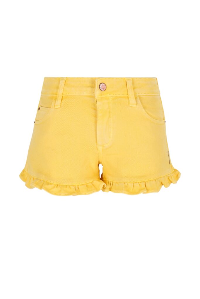 Gele korte broek voor meisjes met ruches aan de pijpzomen en roze knoop