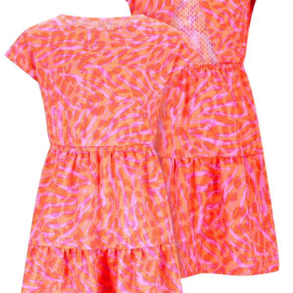 Roze-oranje meisjesjurk met zebraprint en gelaagde rok, voor- en achterkant getoond