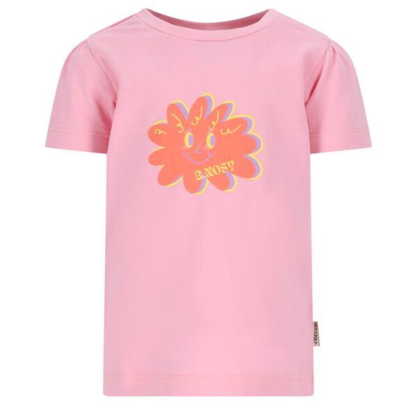 Roze kinder t-shirt met oranje bloemengezicht en tekst B.Nosy opdruk
