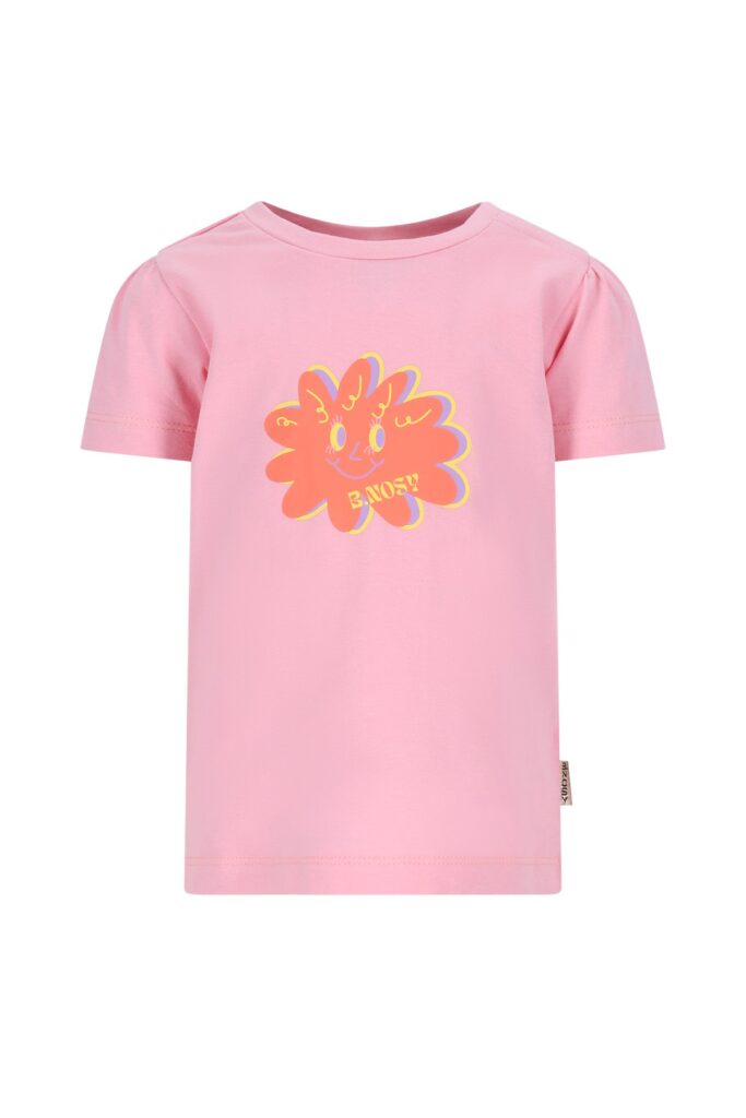 Roze kinder t-shirt met oranje bloemengezicht en tekst B.Nosy opdruk