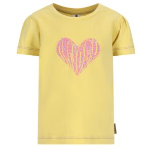 Geel kinder t-shirt met roze hartjesprint op de voorkant