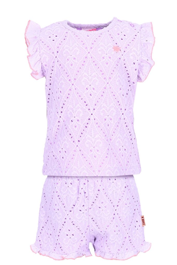 Lila kanten meisjes zomerset met topje en korte broek met ruches