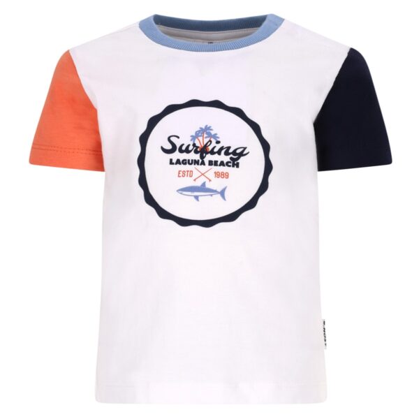 Wit kinder t-shirt met Surfing Laguna Beach print, oranje en blauwe mouwen en haaienmotief