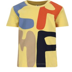 Geel kinder t-shirt met abstract kleurrijk puzzelpatroon in blauw, oranje, beige en zwart