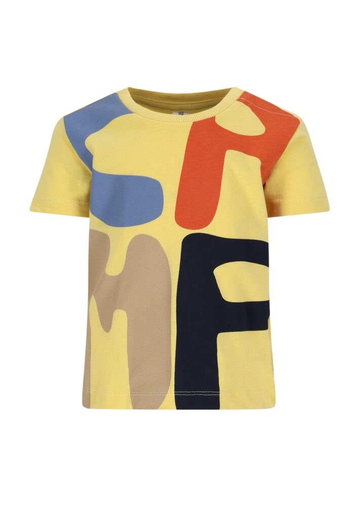 Geel kinder t-shirt met abstract kleurrijk puzzelpatroon in blauw, oranje, beige en zwart