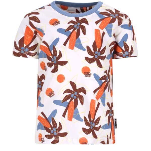 Wit kinder t-shirt met tropisch patroon van palmbomen, surfplanken en blauwe bloemen in oranje en bruin