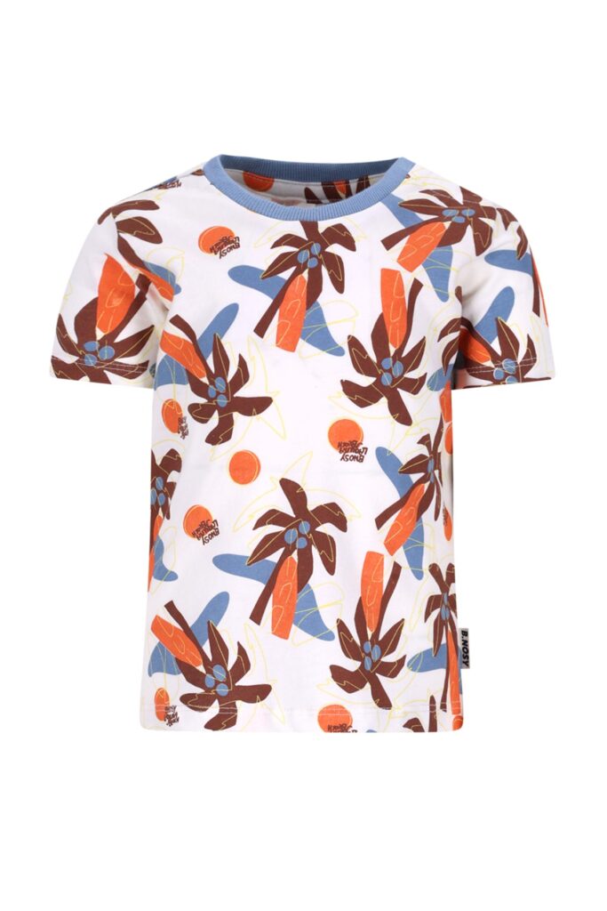 Wit kinder t-shirt met tropisch patroon van palmbomen, surfplanken en blauwe bloemen in oranje en bruin