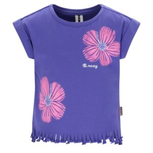 Paars meisjes t-shirt met roze bloemenprint en franjes aan de onderkant van B.nosy
