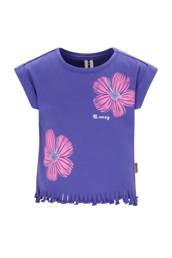Paars meisjes t-shirt met roze bloemenprint en franjes aan de onderkant van B.nosy