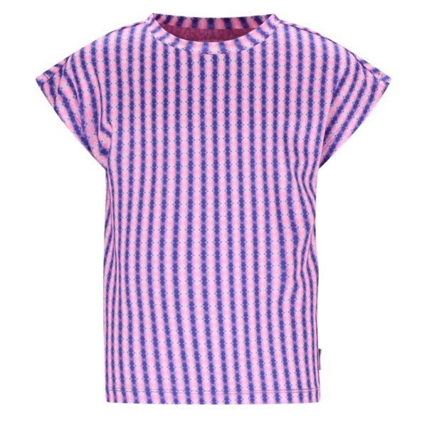 Roze en blauw gestreept kinder t-shirt met korte mouwen en ronde hals