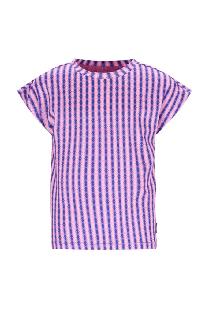 Roze en blauw gestreept kinder t-shirt met korte mouwen en ronde hals
