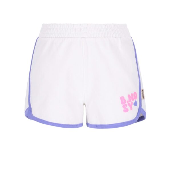 Witte sportshort voor meisjes met paarse bies en roze B-Nosy opdruk aan de zijkant