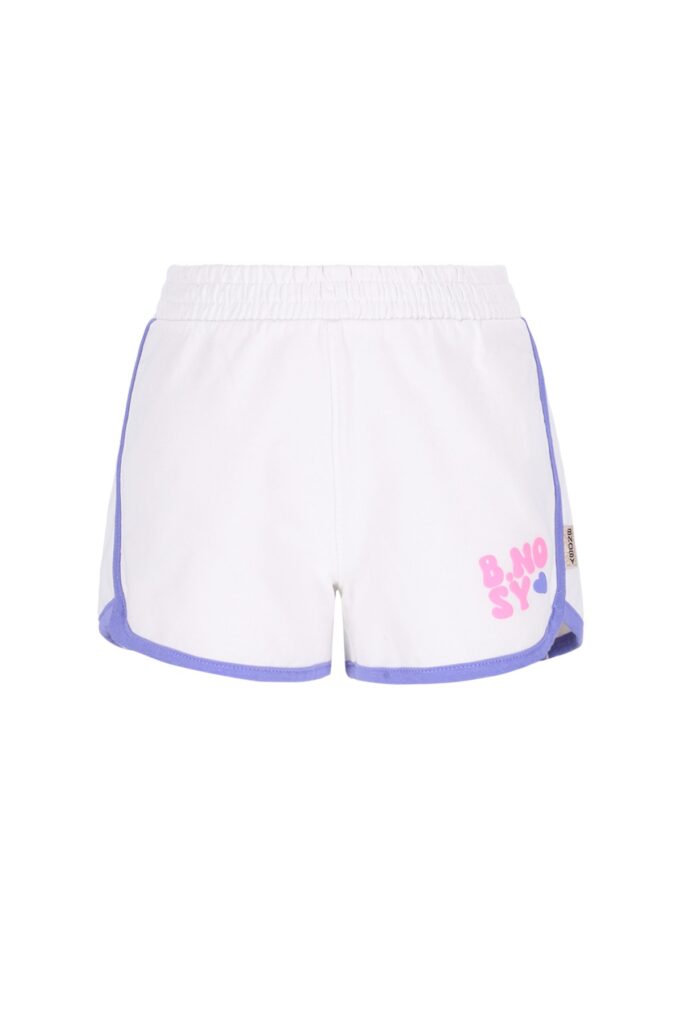 Witte sportshort voor meisjes met paarse bies en roze B-Nosy opdruk aan de zijkant