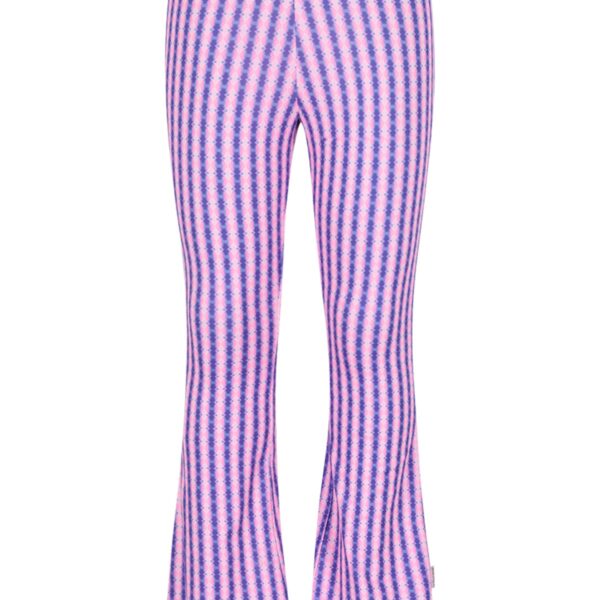 Flared broek met roze en paarse verticale strepen in golfpatroon op witte achtergrond