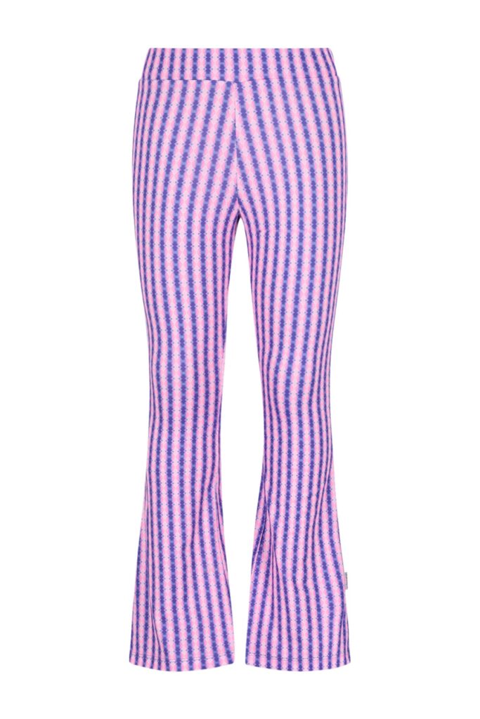 Flared broek met roze en paarse verticale strepen in golfpatroon op witte achtergrond