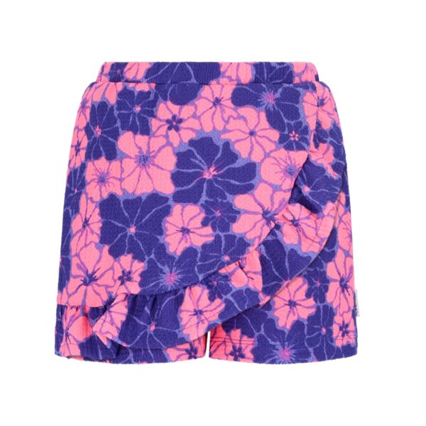 Korte broek met roze en paarse bloemenprint en elastische tailleband