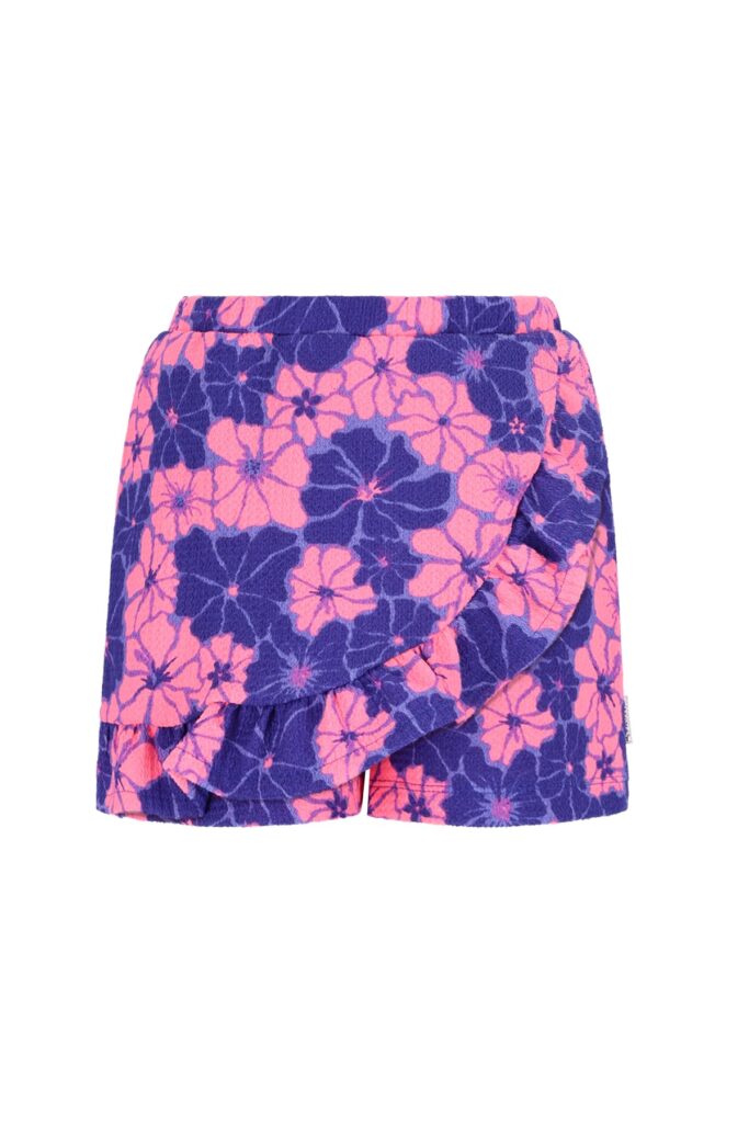 Korte broek met roze en paarse bloemenprint en elastische tailleband
