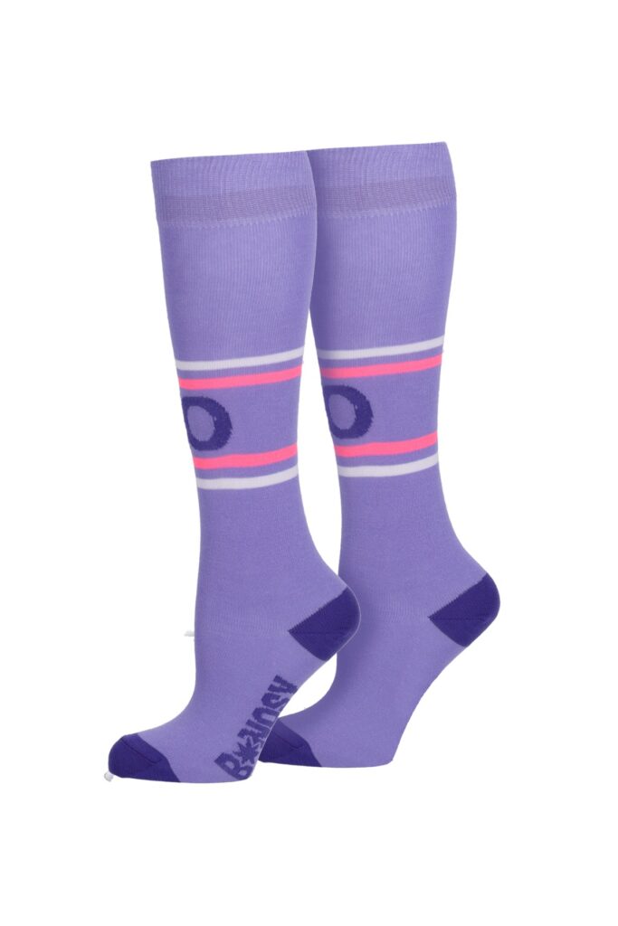 Paarse kniekousen met roze en witte strepen en cirkel decoratie voor meisjes