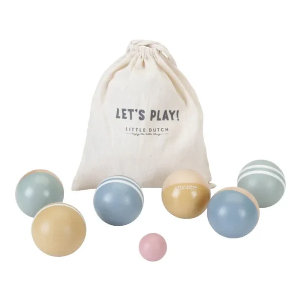 Houten jeu de boules set in pastelkleuren met katoenen opbergzak van Little Dutch
