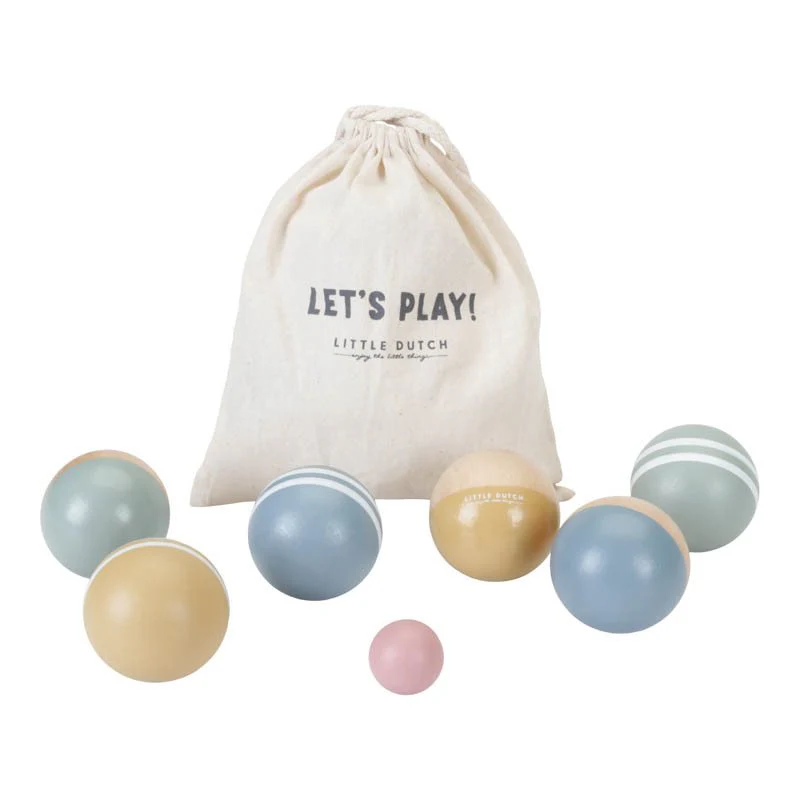 Houten jeu de boules set in pastelkleuren met katoenen opbergzak van Little Dutch