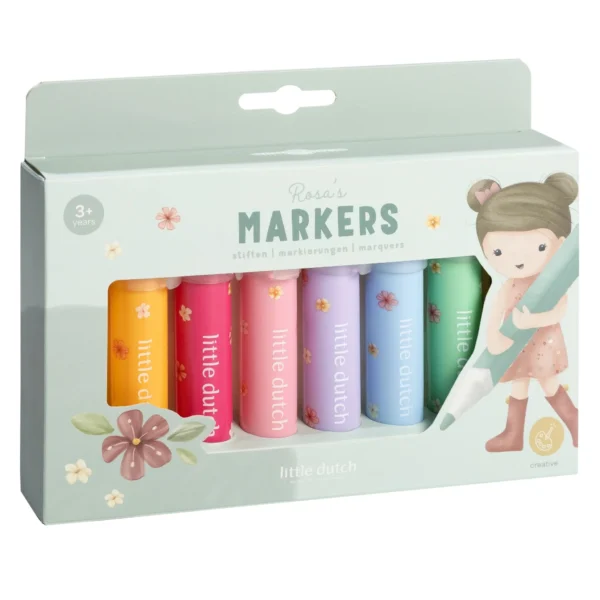 Set van zes gekleurde stiften Little Dutch in pastelkleuren met bloemmotief en karakter Rosa