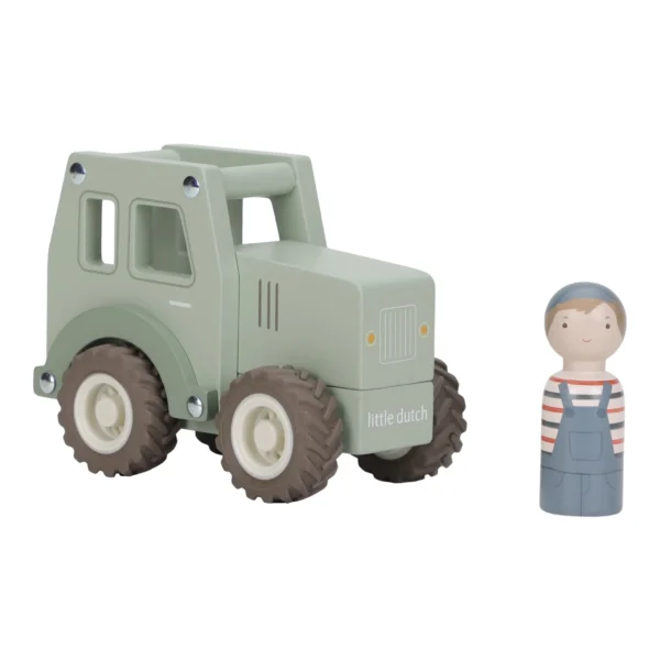 Mintgroene houten speelgoed tractor van Little Dutch met boer poppetje in tuinbroek en gestreept shirt
