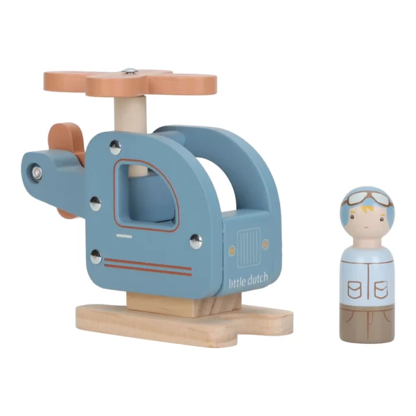 Houten speelgoed helikopter in blauw met propeller en piloot poppetje van Little Dutch