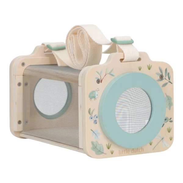 Houten speelgoed camera met draagriem en natuur illustraties in mintgroen en beige tinten