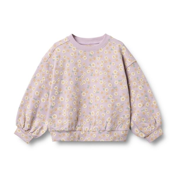 Lila kindersweater met geel-wit bloemenprint en geribbelde boorden