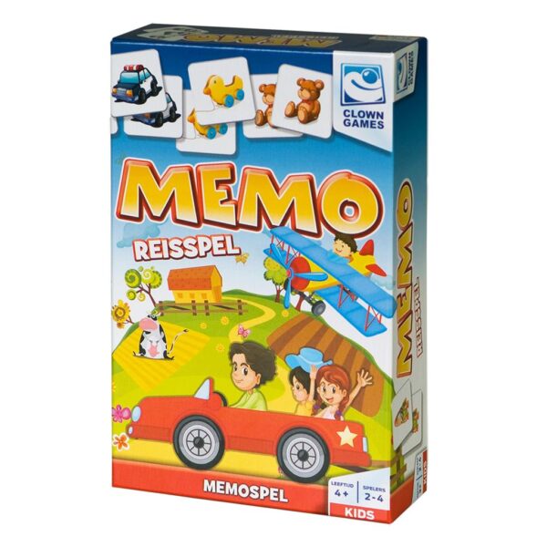 Memo reisspel kinderspel van Clown Games met afbeeldingen van voertuigen, speelgoed en dieren voor 2-4 spelers