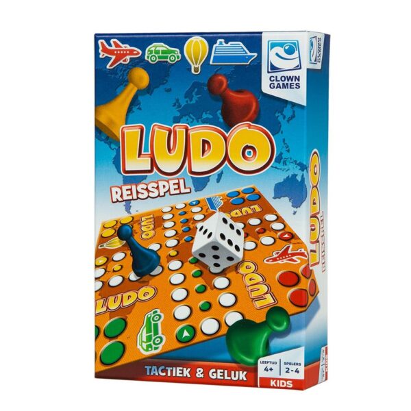 Ludo reisspel bordspel van Clown Games met speelbord, dobbelstenen en gekleurde pionnen voor 2-4 spelers