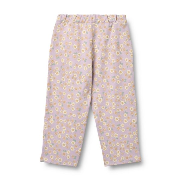 Lila kinderbroek met geel-wit bloemenpatroon en elastische tailleband