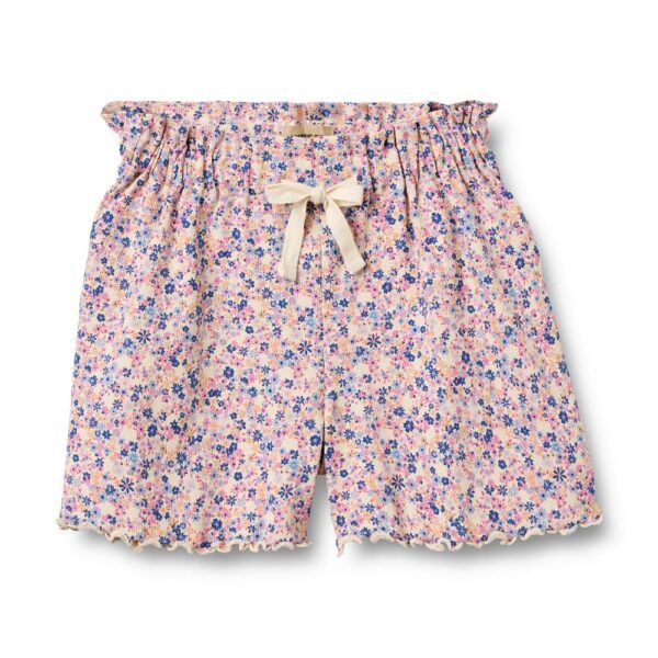 Meisjesshort met roze en blauw bloemenprint, elastische taille en crème strikkoord