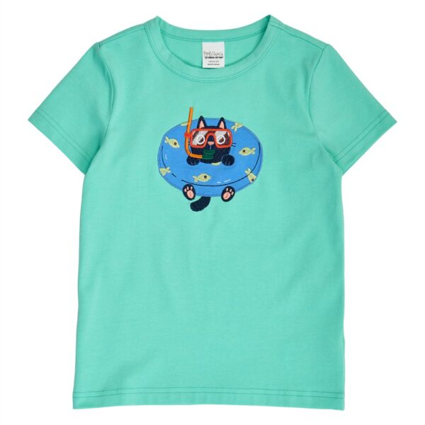 Mintgroen kinder t-shirt met kat in zwemband en duikbril applicatie