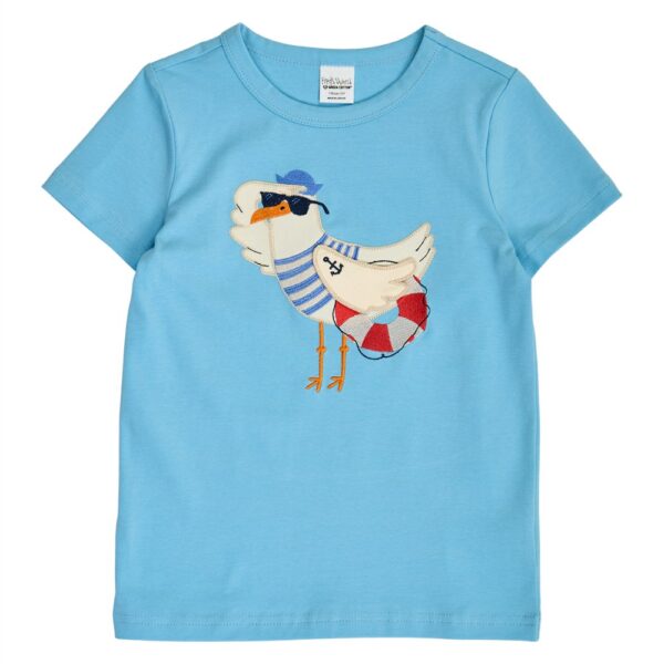 Lichtblauw kinder t-shirt met geappliceerde zeemeeuw met zonnebril en reddingsboei