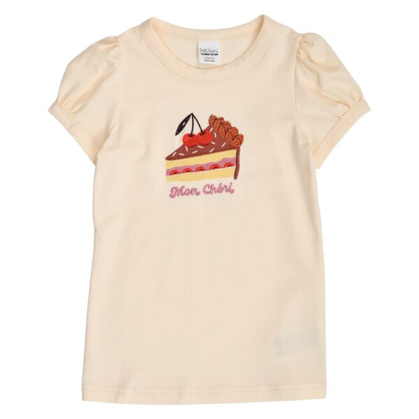 Crèmekleurig meisjes t-shirt met geborduurde taartpunt en tekst Mon Chéri
