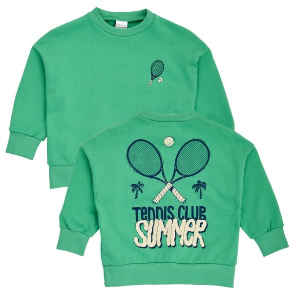 Groene kindersweater met Tennis Club Summer opdruk en gekruiste tennisrackets op voor- en achterzijde