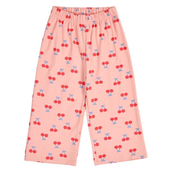 Roze kinderbroek met rode kersen print en elastische tailleband