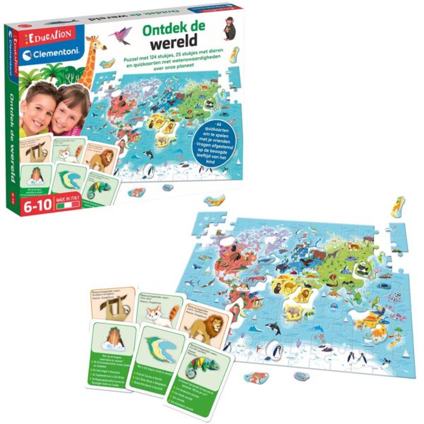Clementoni educatieve wereldkaart puzzel met dieren en quizkaarten voor kinderen 6-10 jaar