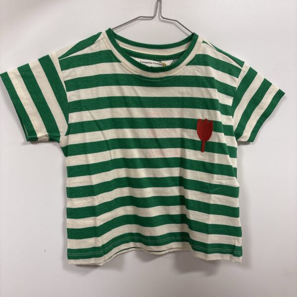 Groen-wit gestreept kinderen t-shirt met rode tulp applicatie op een kledinghangerhaak